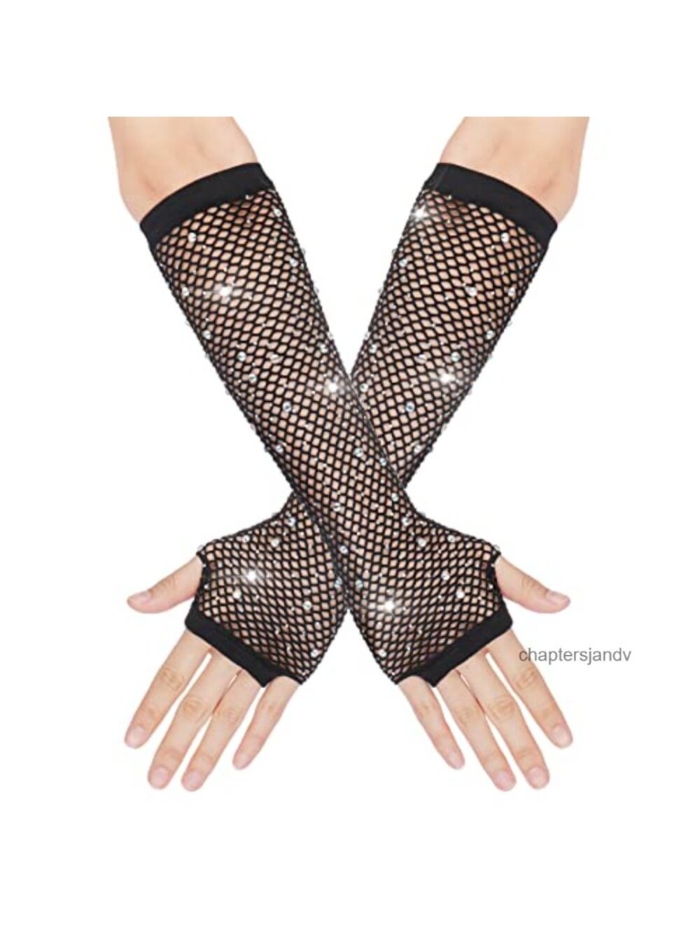 Rhinestone Fingerless Fishnet Gloves Steampunk Punk Long Arm Sleeve 80s Costume